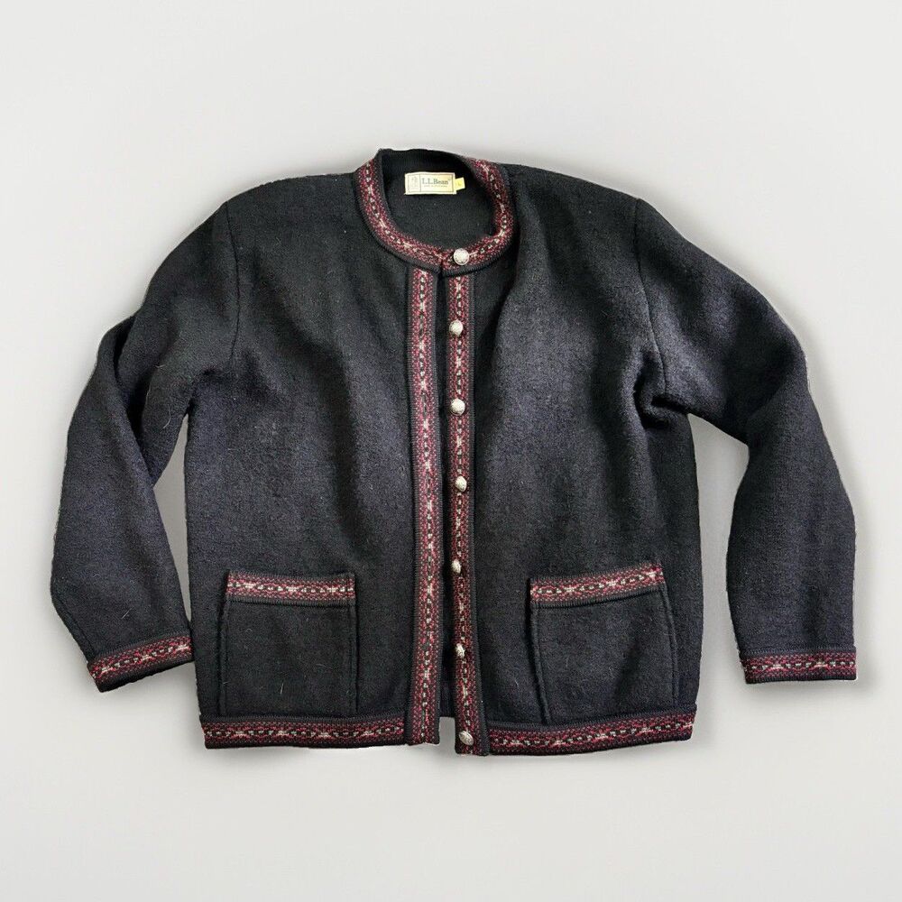 LL Bean Black Boiled Wool Cardigan Sweater Women's Size Large Vintage Hong Kong